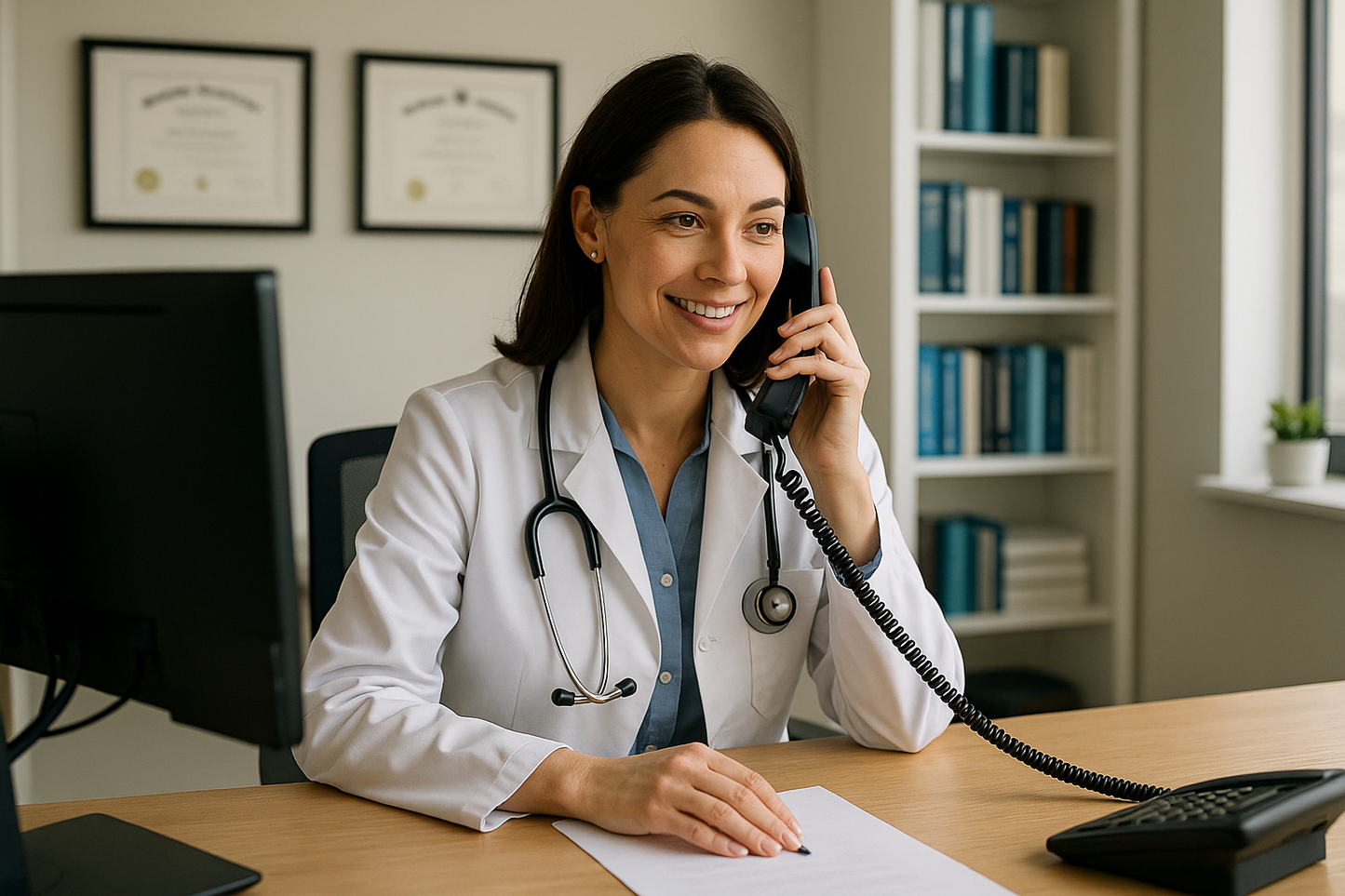 Female Doctor in her office talking on the phone infront of a computer