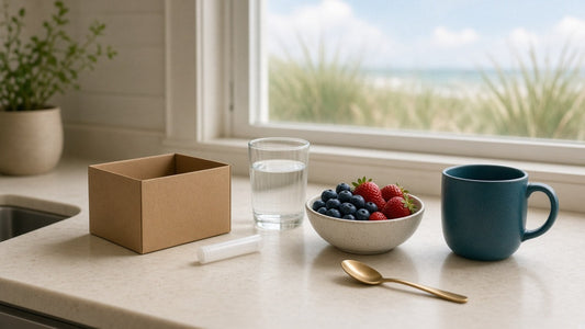 Morning light on a cream kitchen counter with a plain at-home test kit box, a glass of water and a bowl of fresh berries