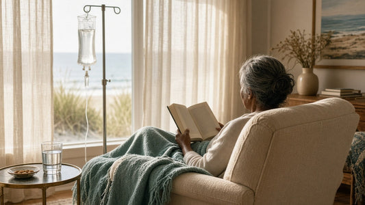 A client relaxing in a cream recliner under a soft blanket with a book while an IV bag hangs on a stand nearby in a sunlit room