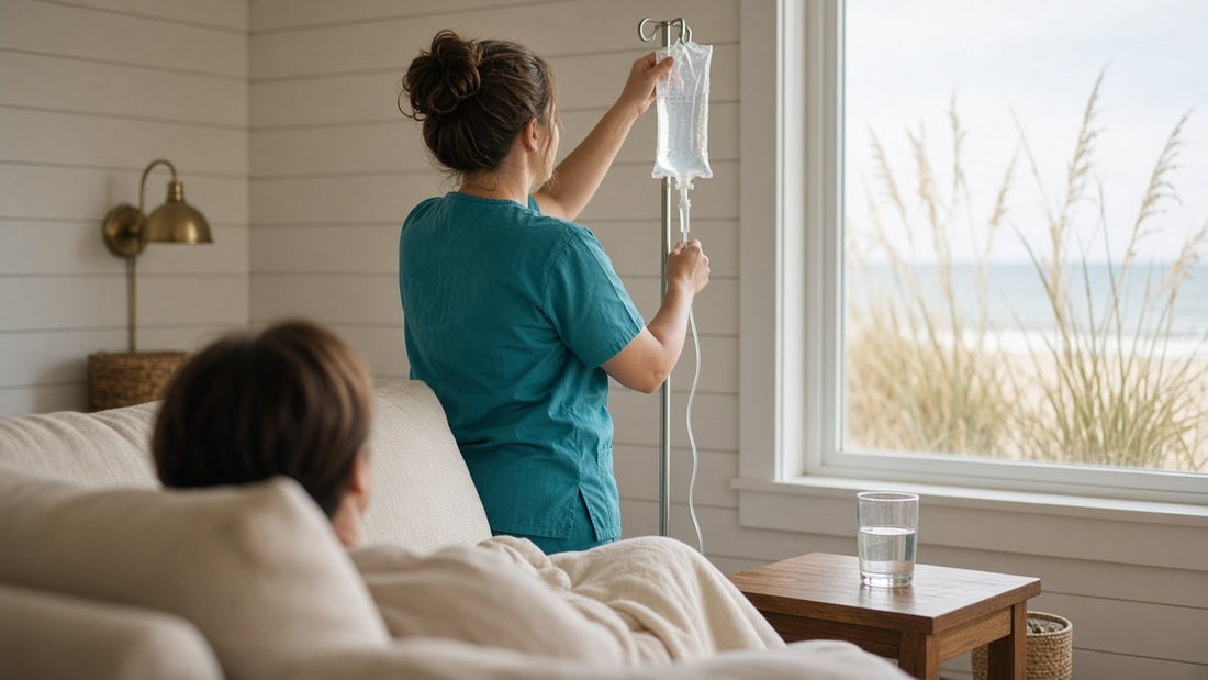 A nurse in teal scrubs adjusting an IV bag on a stand beside a sofa in a bright coastal living room