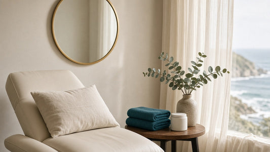 A calm aesthetics treatment room with a cream treatment chair, folded teal towels and a round gold mirror in soft daylight