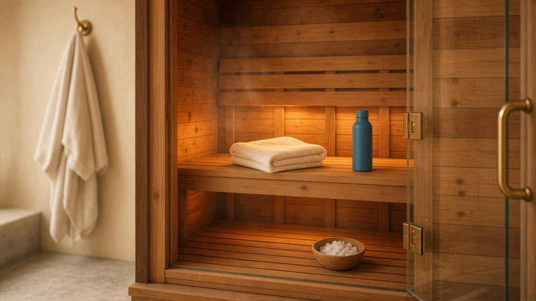 The warm, glowing wooden interior of a two-person infrared sauna with a folded towel on the bench