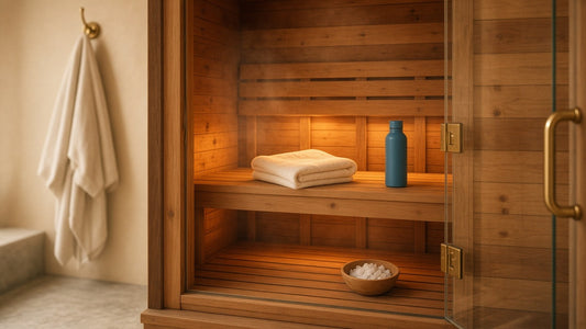 The warm, glowing wooden interior of a two-person infrared sauna with a folded towel on the bench