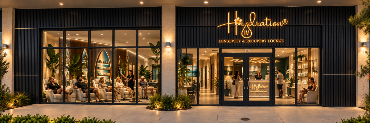 Rendering of the Hidration Longevity & Recovery Lounge at Atlantic Park, Virginia Beach, at night