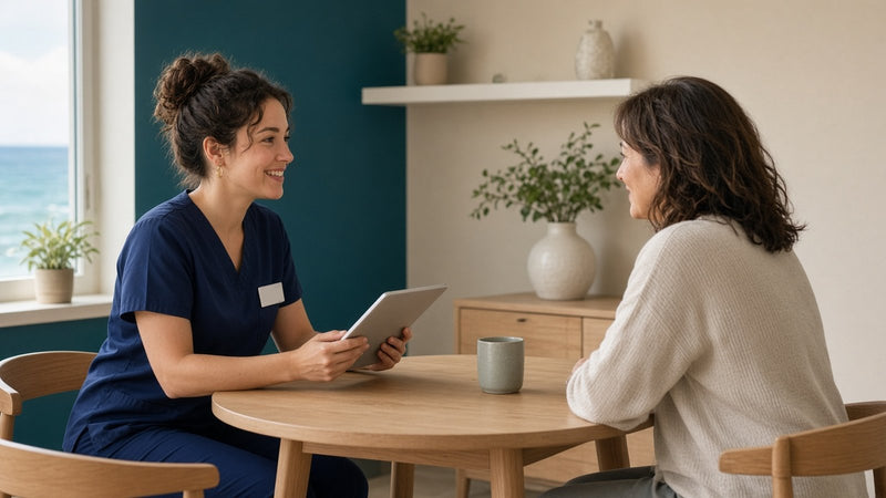 Hidration nurse talking with a client at a table during a consultation