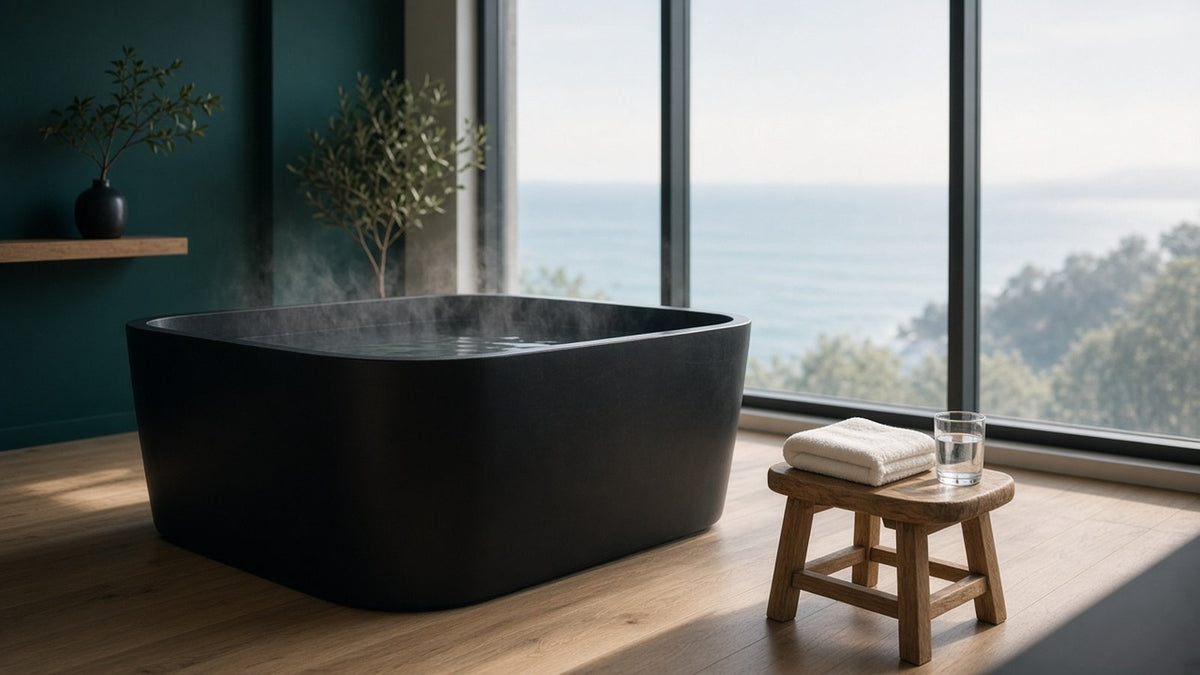 Matte black cold plunge tub with rising mist beside a window overlooking the Virginia Beach coast