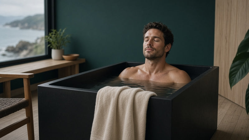 Person settling into a cold plunge tub during a guided recovery session