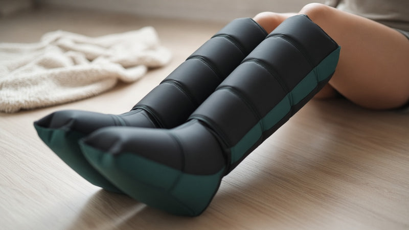 Close-up of full-leg pneumatic compression boots during a recovery session