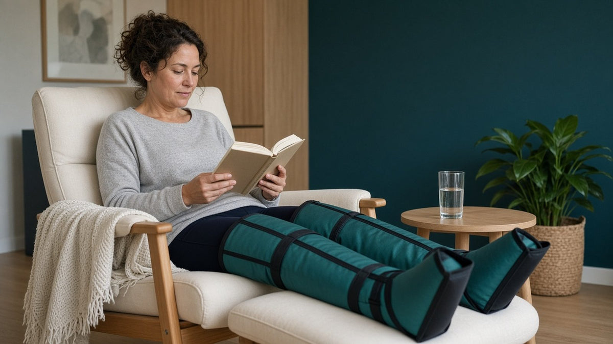 Woman reading in a lounge chair while wearing full-leg pneumatic compression boots