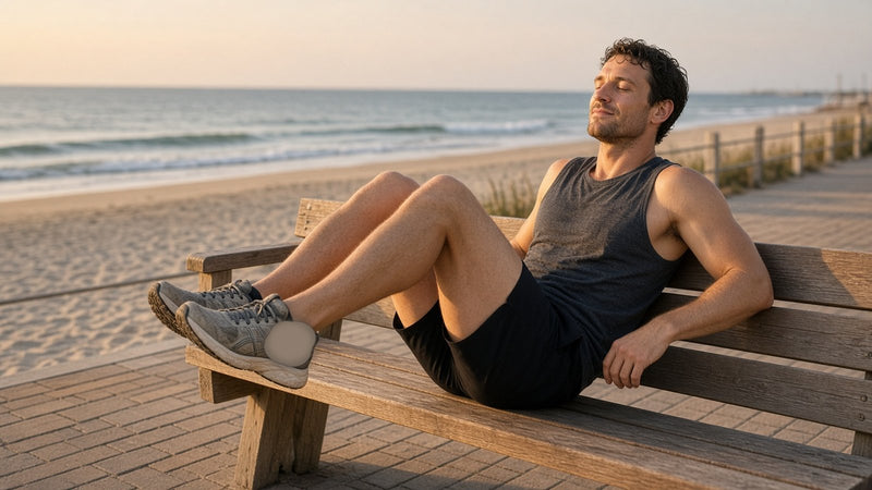 Person resting on a wooden beach bench after a recovery session, looking relaxed