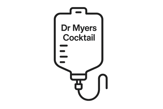 Create an icon for an intravenous bag with the words: Dr Myers Cocktail on it