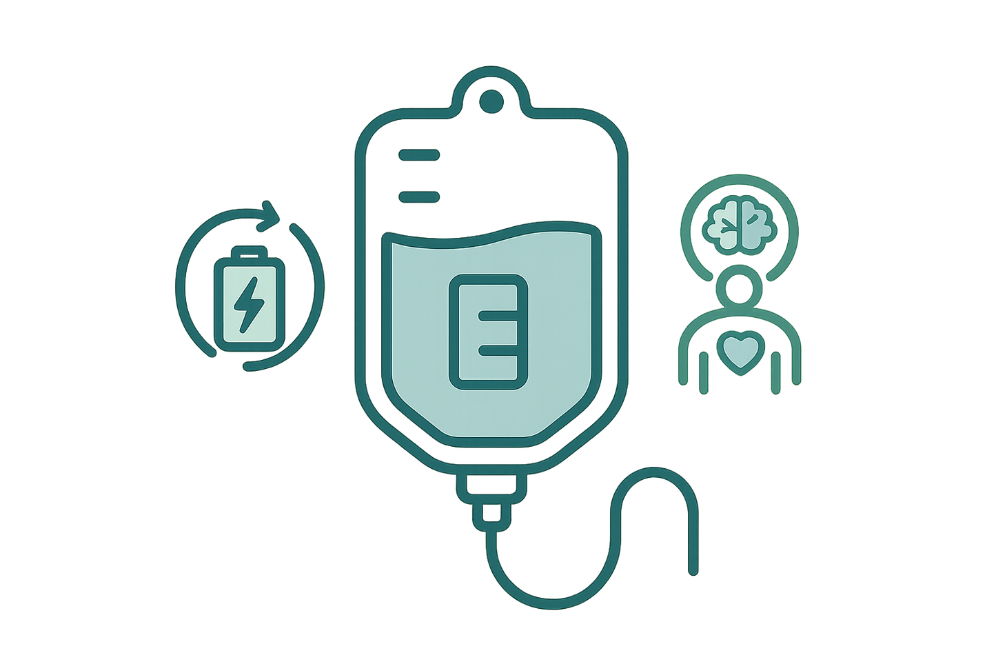 Create an icon of an intravenous bag with the symbols for Recharge and Body and Mind on the side
