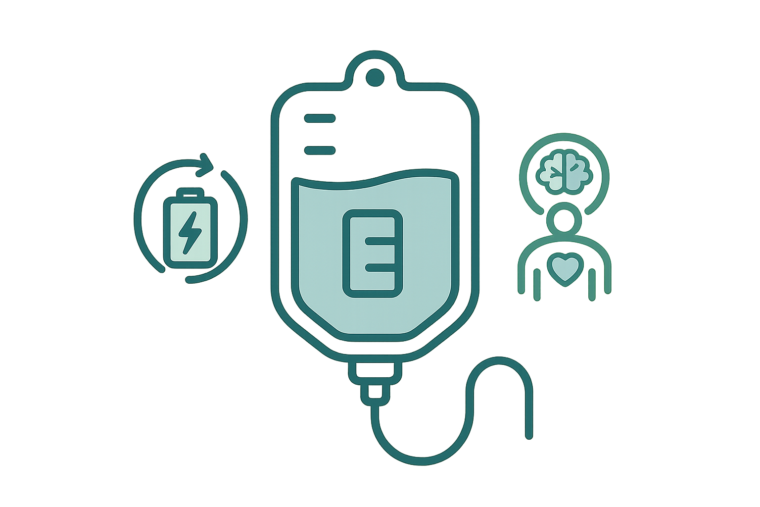 Create an icon of an intravenous bag with the symbols for Recharge and Body and Mind on the side