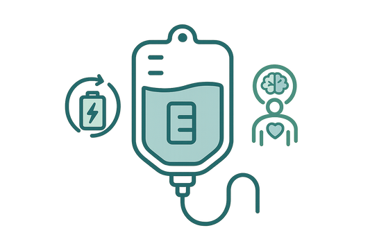 Create an icon of an intravenous bag with the symbols for Recharge and Body and Mind on the side