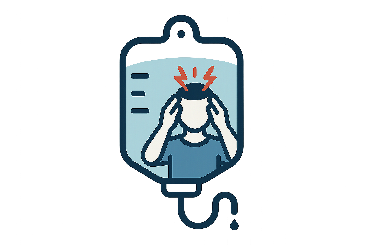 Create an icon of an intravenous drip bag and symbology of a person holding their head with a headache on it