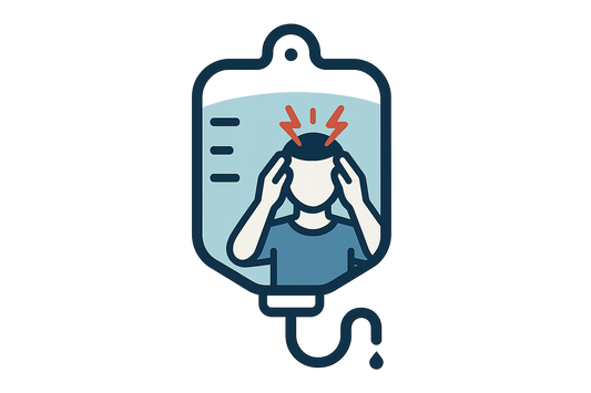 Create an icon of an intravenous drip bag and symbology of a person holding their head with a headache on it