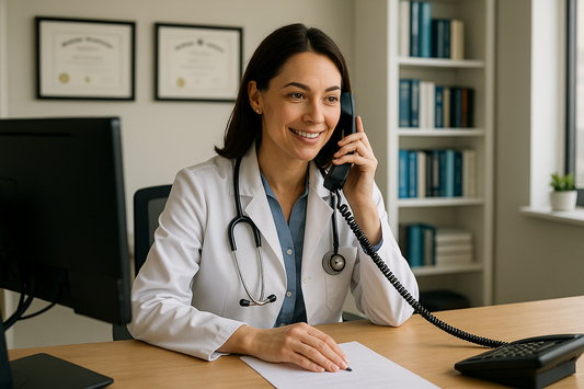 Female Doctor in her office talking on the phone infront of a computer