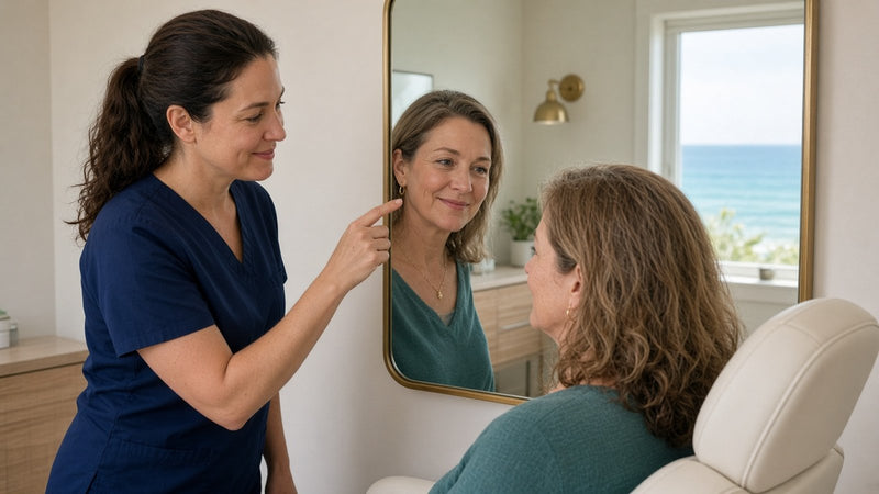 Nurse and client looking in a mirror together while planning a filler treatment