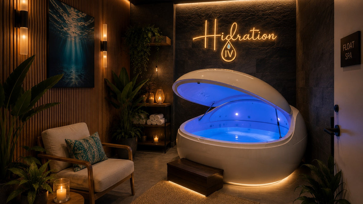 Concept rendering of a sensory deprivation float pod in a calm coastal spa room