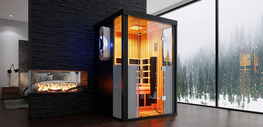 2-person HaloSauna cabin in a modern lounge setting