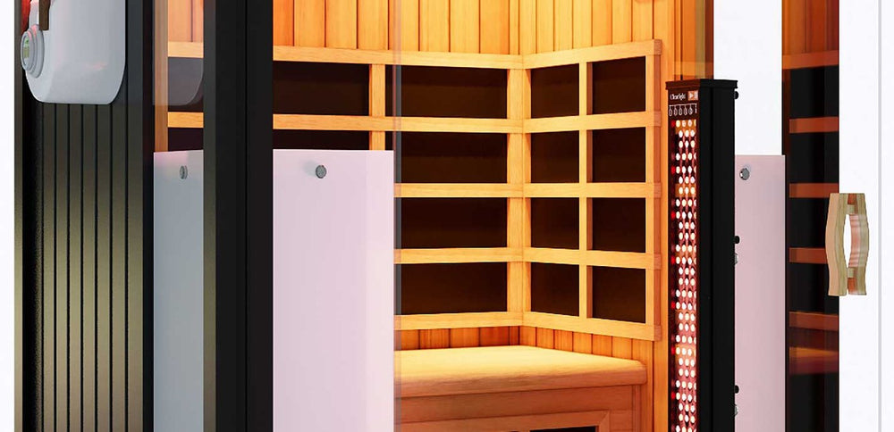 Inside the 2-person HaloSauna showing the red light panel on the door and wood bench