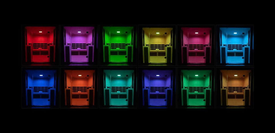 The range of chromotherapy light colors available in the HaloSauna
