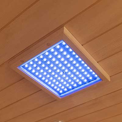 Chromotherapy color light panel glowing blue in the HaloSauna ceiling