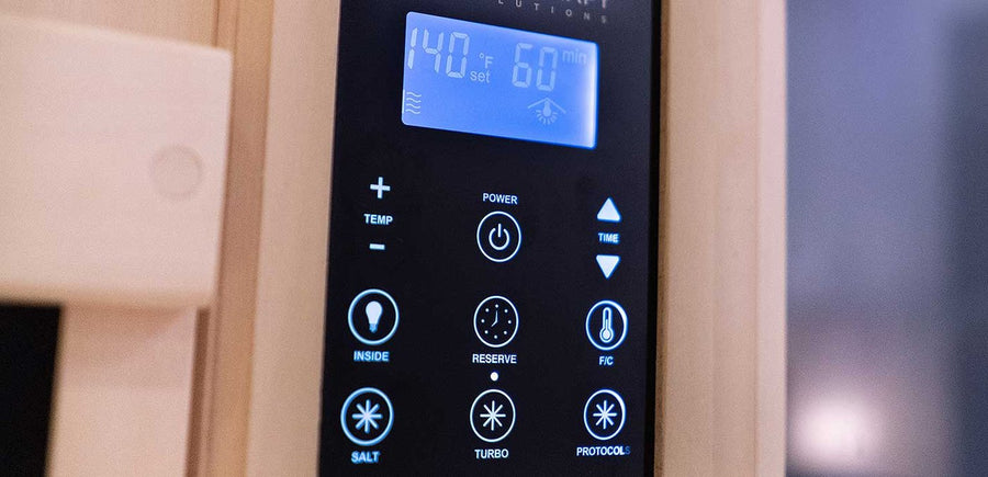 HaloSauna digital control panel for salt, heat, light and sound