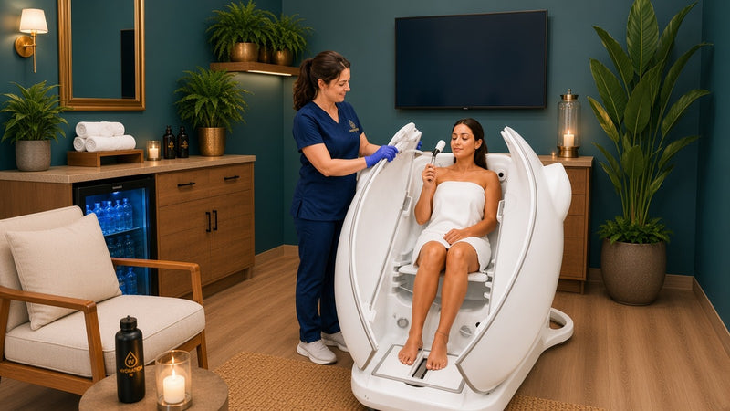 Guest settling into a HOCATT wellness cabinet in a teal lounge