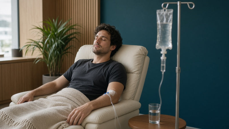 Man relaxing in a recliner while his IV drip runs
