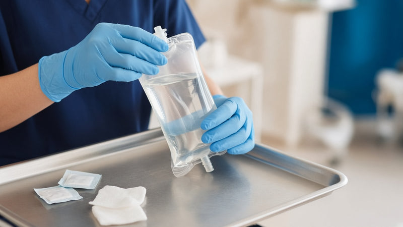 Gloved nurse hands preparing an IV bag on a tray