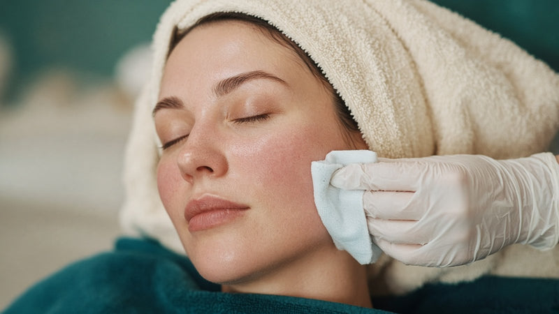 Woman gently applying moisturizer to her face after a skin treatment