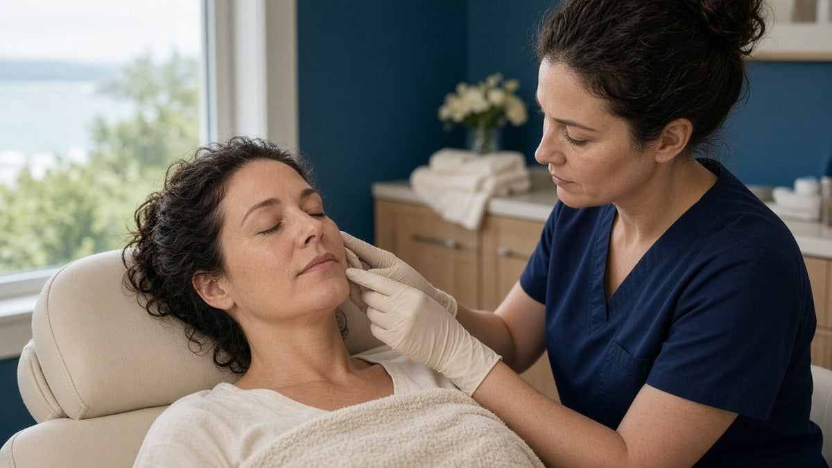 Hidration® nurse assessing a client’s skin during a microneedling consultation in a bright coastal treatment room