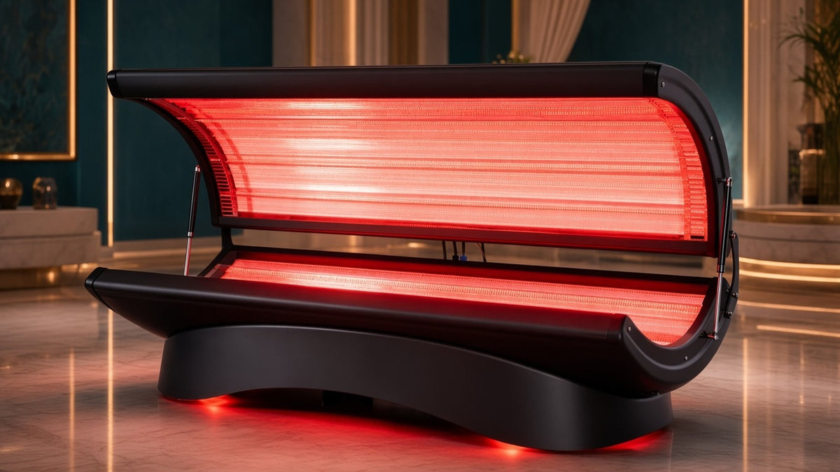 Concept view of vertical red light therapy panels in a teal and gold coastal recovery lounge