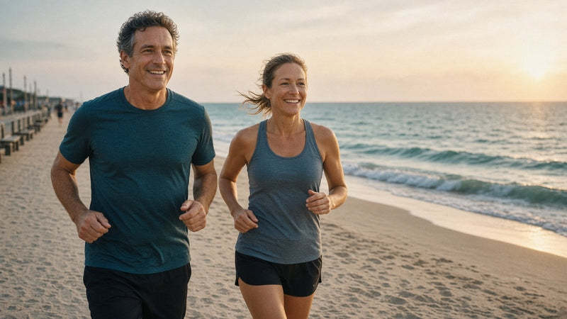 Couple jogging on a beach boardwalk at sunrise