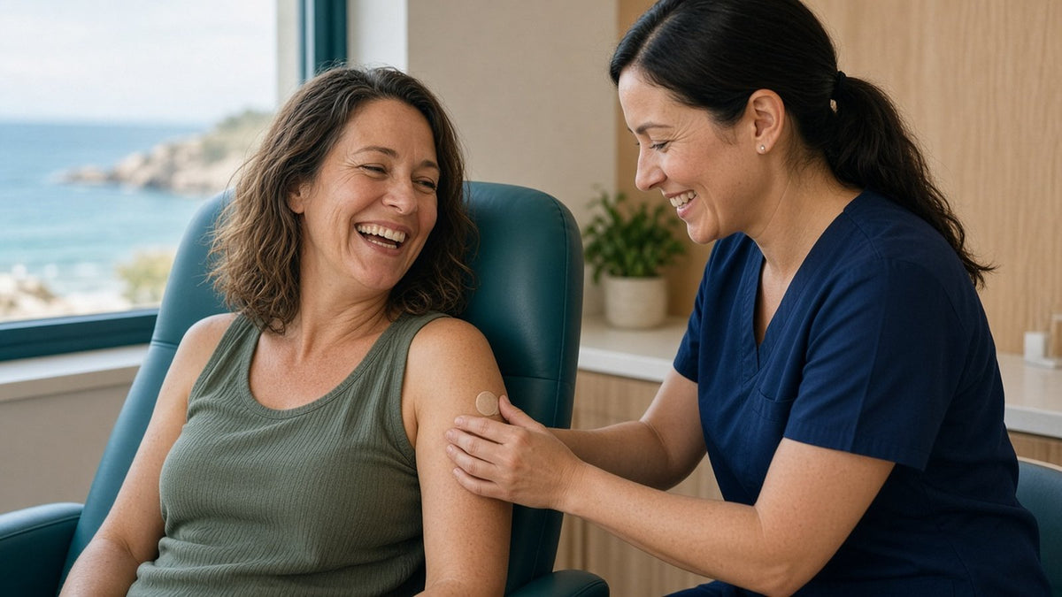 Hidration nurse placing a bandage on a smiling client’s arm after a vitamin shot