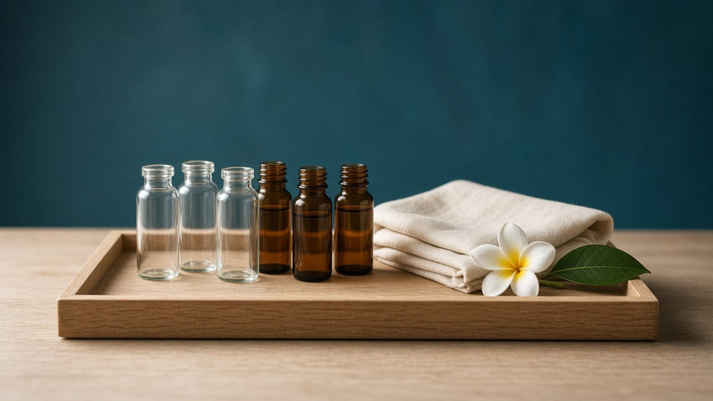 Clear and amber glass vials on a wooden tray with a folded towel and a plumeria flower