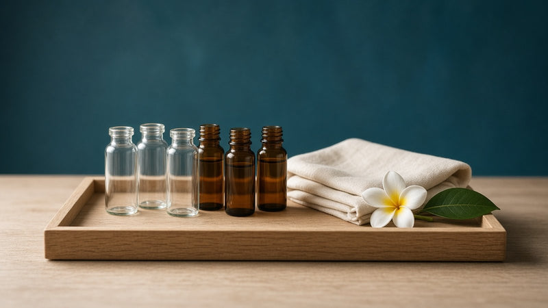Glass vials on a tray with a plumeria flower