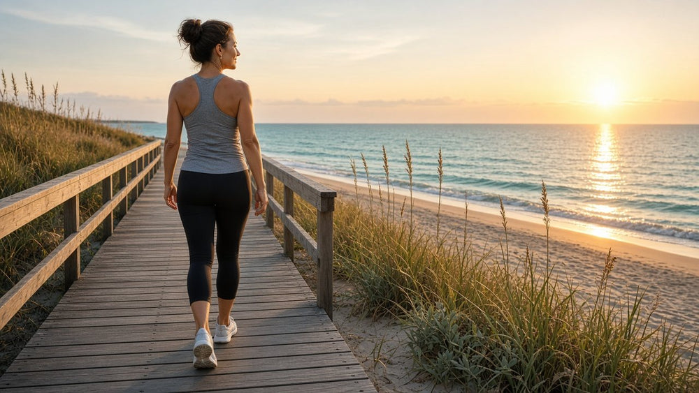 Woman walking a beach boardwalk at sunrise