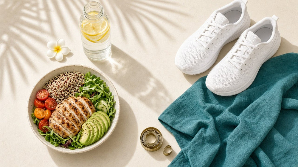 Protein bowl, lemon water, sneakers and a teal towel