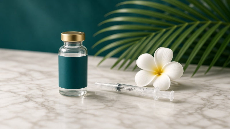 Medication vial and syringe with a plumeria